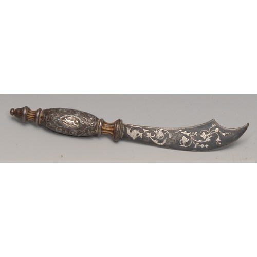 3089 - A Continental silver damascened iron letter knife, scimitar shaped blade, decorated throughout in th... 