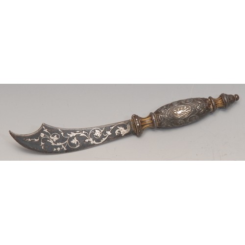 3089 - A Continental silver damascened iron letter knife, scimitar shaped blade, decorated throughout in th... 