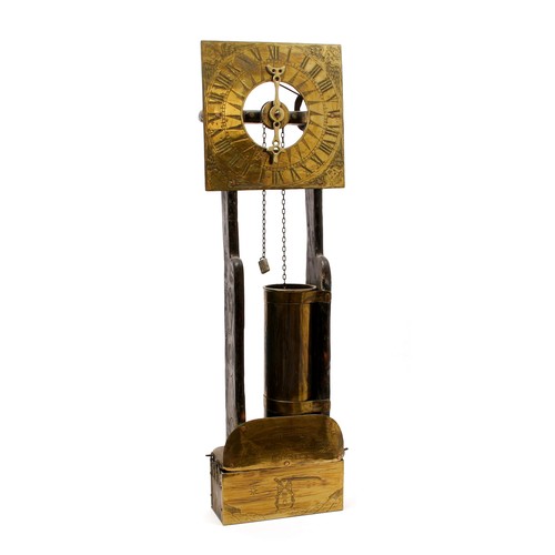 3365 - A 19th century apocryphal water clock, 25.5cm square brass dial, the cistern engraved with a windmil... 