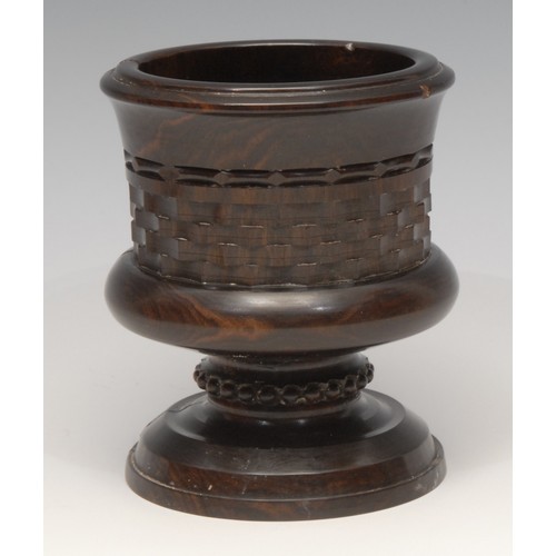 3352 - Treen - a turned goblet, 15cm high; another, lignum vitae, engine-turned central band, 11cm high (2)