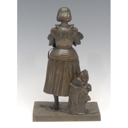 3278 - French School (19th century), a brown patinated bronze, Joan of Arc, rectangular base, 24.5cm high