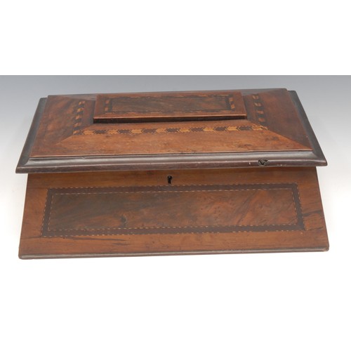 3229 - An Irish Killarney marquetry sarcophagus work box, hinged cover inscribed to verso Mrs Burt, Killarn... 