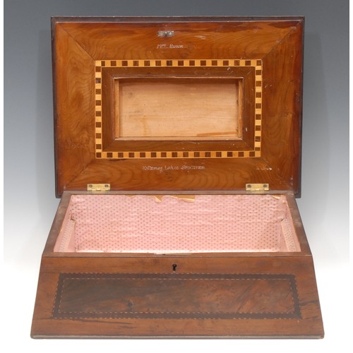 3229 - An Irish Killarney marquetry sarcophagus work box, hinged cover inscribed to verso Mrs Burt, Killarn... 