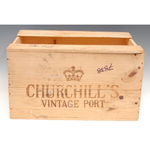 3416 - Port - a case, twelve bottles of Churchill's Port, 1994, pine crate