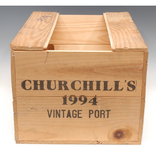 3416 - Port - a case, twelve bottles of Churchill's Port, 1994, pine crate