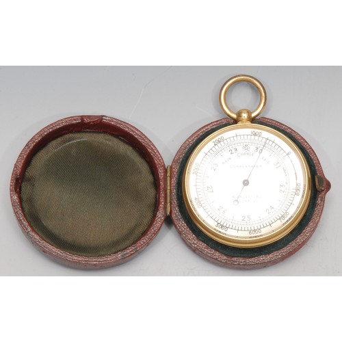 3377 - A gilt brass pocket barometer, M Aronsberg, Liverpool, red Morocco leather case. 5cm diameter