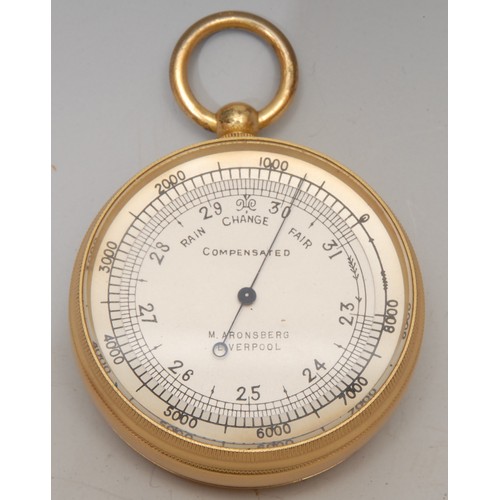 3377 - A gilt brass pocket barometer, M Aronsberg, Liverpool, red Morocco leather case. 5cm diameter