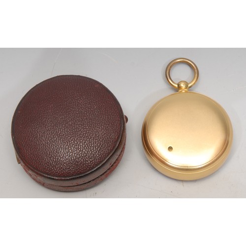 3377 - A gilt brass pocket barometer, M Aronsberg, Liverpool, red Morocco leather case. 5cm diameter