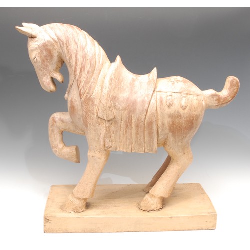 3299 - Interior Design and Decoration - a large painted hardwood model of a Chinese Tang Dynasty horse, sta... 