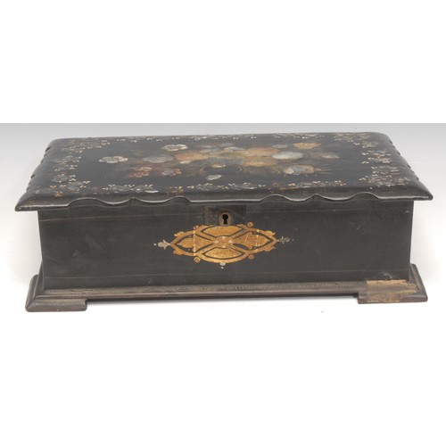 3177 - A Victorian papier mache black lacquer folding writing slope, inlaid with mother-of-pearl and abalon... 