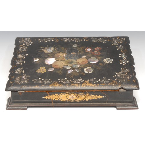 3177 - A Victorian papier mache black lacquer folding writing slope, inlaid with mother-of-pearl and abalon... 