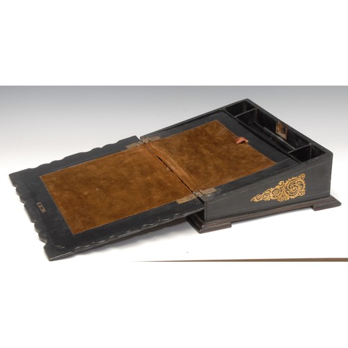 3177 - A Victorian papier mache black lacquer folding writing slope, inlaid with mother-of-pearl and abalon... 