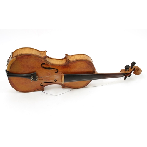 3370 - A violin, the two-piece back 36.5cm excluding button, ebonised tuning pegs, outlined throughout with... 