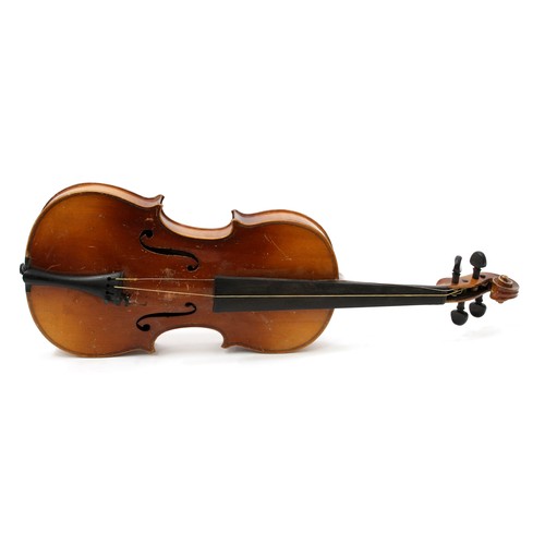 3369 - A violin, the two-piece back 34cm long excluding button, paper label for Newark Techinical College, ... 