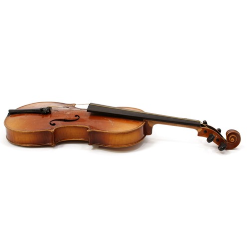 3369 - A violin, the two-piece back 34cm long excluding button, paper label for Newark Techinical College, ... 