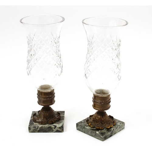 3157 - A pair of French bronze, verde antico marble and clear glass storm shade candle lanterns or lamps, 3... 