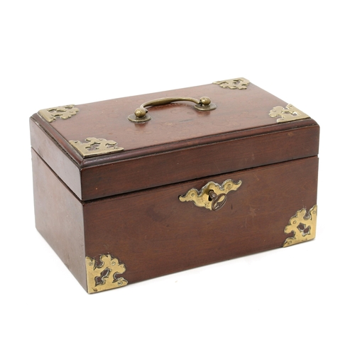 3097 - A George II mahogany rectangular tea caddy, mounted with brass cut-card work, hinged cover with swan... 