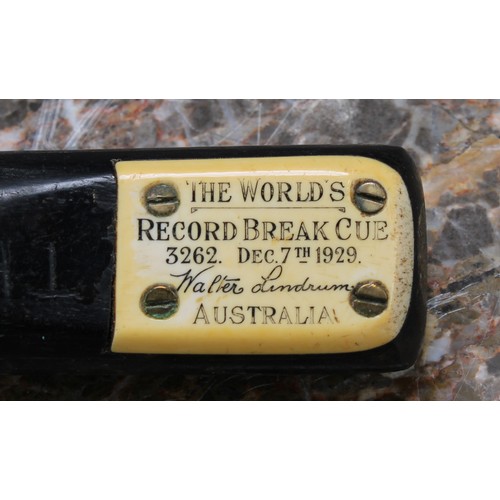 3396 - Sport - Walter Lindrum World  Record Break Cue  3262, December 7th 1929, Australia, cased