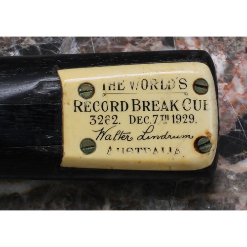 3397 - Sport - Walter Lindrum World Record Break Cue 3262, December 7th 1929, Australia, in a case