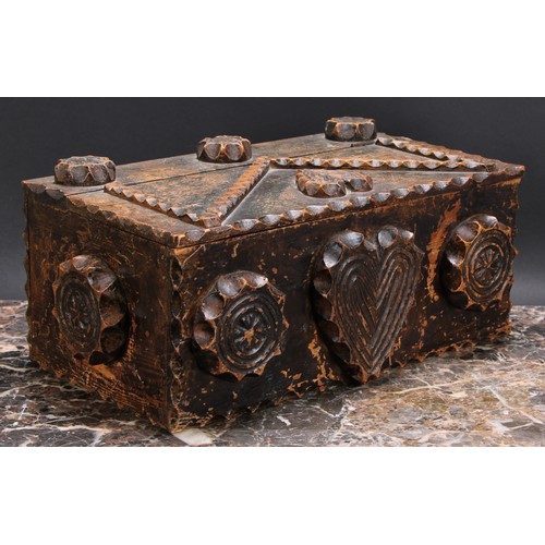 3271 - Folk Art - a 19th century tramp art rectangular box, applied with hearts and stylized geometric moti... 