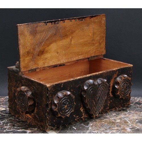 3271 - Folk Art - a 19th century tramp art rectangular box, applied with hearts and stylized geometric moti... 