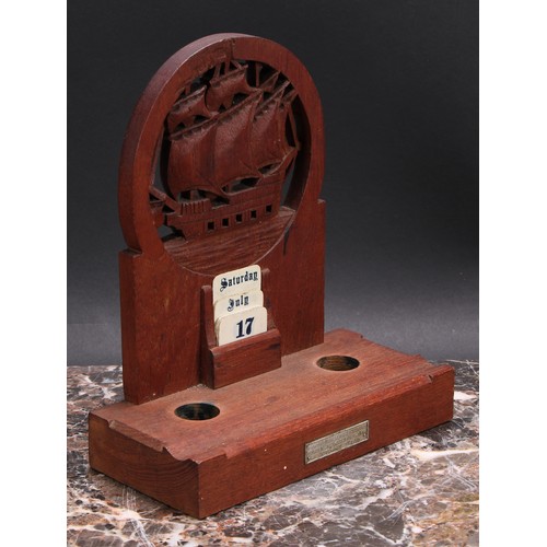 3309 - Maritime Salvage - an early 20th century desk stand and calendar, from the teak of HMS Iron Duke, Ad... 