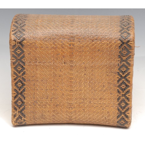 3115 - A Japanese bamboo basket weave neck pillow or headrest, geometric borders, 21cm wide, Meiji period