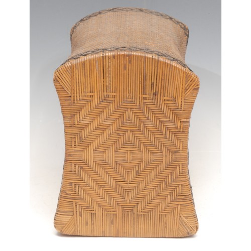 3115 - A Japanese bamboo basket weave neck pillow or headrest, geometric borders, 21cm wide, Meiji period