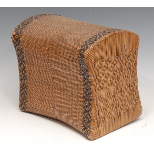 3115 - A Japanese bamboo basket weave neck pillow or headrest, geometric borders, 21cm wide, Meiji period