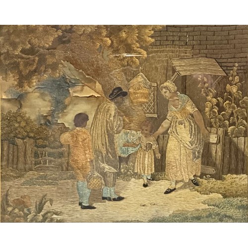 3103 - A George III silk needlework work picture, At the Cottage Door, 27.5cm x 34cm, c.1820; an oleograph,... 