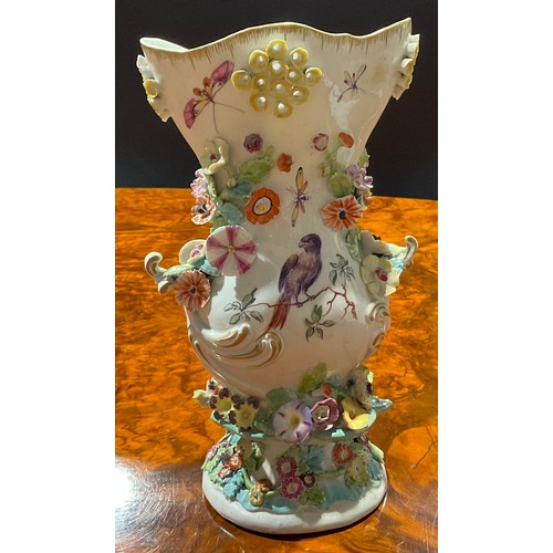 73 - A Derby Patch Mark frill vase, pierced flared neck, small scroll handles, painted with fanciful bird... 