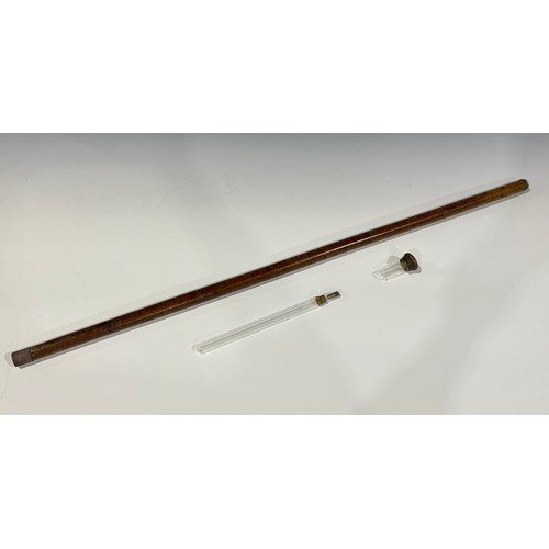 101 - An Edwardian ramblers faux molacca cane, the screw top handle enclosing a spirit phial and pedestal ... 