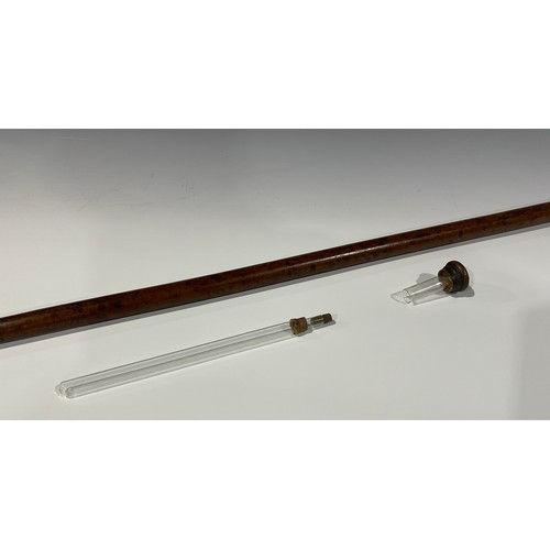 101 - An Edwardian ramblers faux molacca cane, the screw top handle enclosing a spirit phial and pedestal ... 