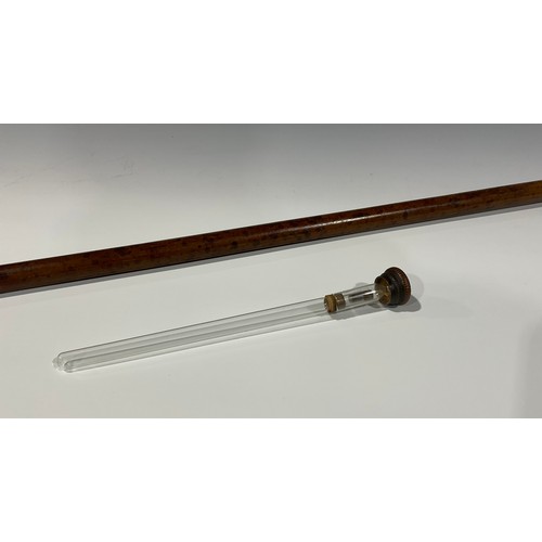 101 - An Edwardian ramblers faux molacca cane, the screw top handle enclosing a spirit phial and pedestal ... 