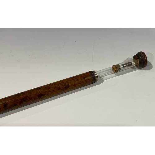 101 - An Edwardian ramblers faux molacca cane, the screw top handle enclosing a spirit phial and pedestal ... 