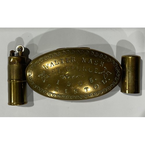 119 - Boxes & Objects - Trench Art - a miniature brass lighter, ammunition shell case; an oval brass snuff... 