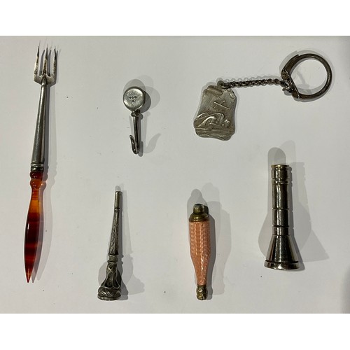 120 - Boxes & Objects - A silver skirt lifter, London; a miniature fork, agate haft; a cigar piercer; a ke... 