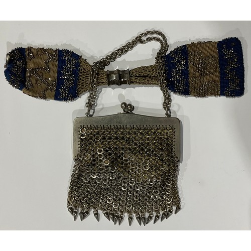 123 - A Victorian misers purse, cut steel beaded; a mesh evening bag, suede lining (2)