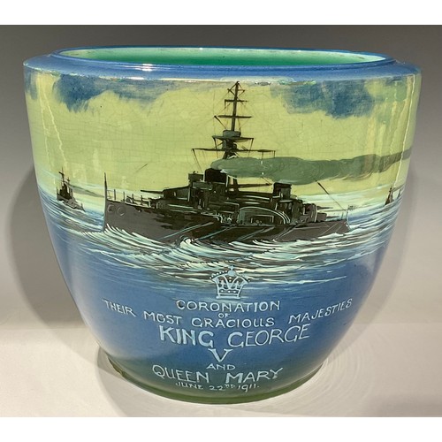 137 - Ceramics - a Mintons jardiniere, depicting a British war vessel, commemorating the coronation of Kin... 