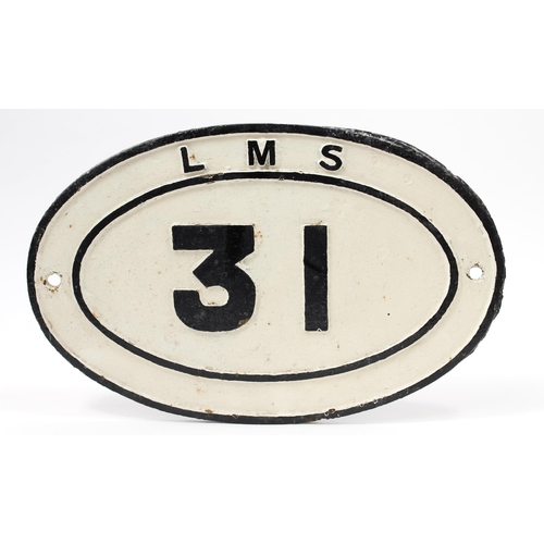 7274 - Railwayana - an LMS oval shaped painted cast iron bridge plate, raised black lettering on a white gr... 