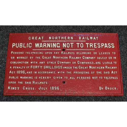 7277 - Railwayana - a Great Northern Railway rectangular painted cast iron notice sign, raised white letter... 