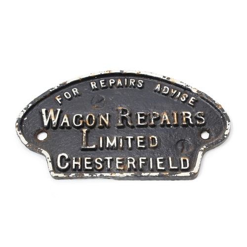 7281 - Railwayana - a mushroom shaped painted cast iron wagon repairs plate, raised white lettering on a bl... 