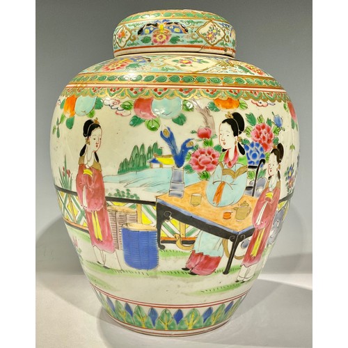 145 - Ceramics - a 19th century Chinese ginger jar and cover, painted in the famille verte palette, depict... 