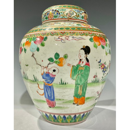 145 - Ceramics - a 19th century Chinese ginger jar and cover, painted in the famille verte palette, depict... 