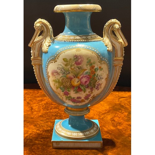 149 - A Coalport two-handled pedestal ovoid vase, painted to front and verso with colourful summer flowers... 