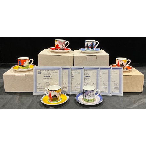 169 - A set of six Wedgwood, Clarice Cliff coffee cans and stands, Bradford Exchange limited editions, Red... 