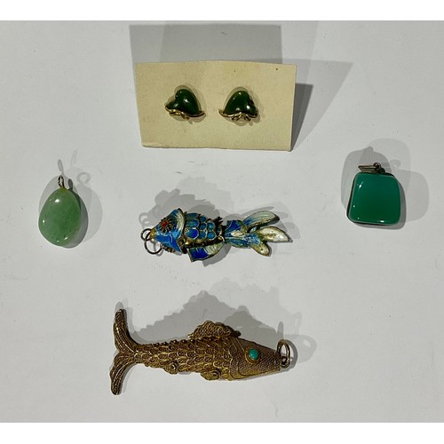 251 - A Chinese enamel and silver fish; a gilt fish; pendants; earrings