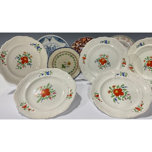 265 - Ceramics - five Spode hand painted dinner plates, gadrooned borders; other ironstone dinner and dess... 