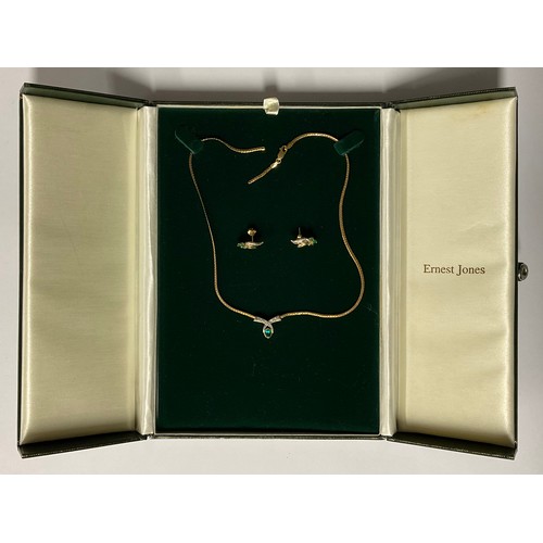 297 - A 9ct gold necklace set with green and clear stones, the chain broken, 5.6g; a pair of similar 9ct g... 