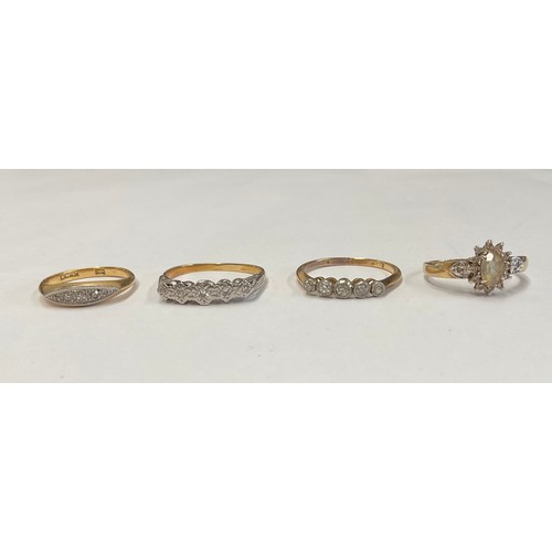 312 - An 18ct gold five stone graduated diamond ring, size Q, marked 18ct, 2g; three other 18ct gold rings... 